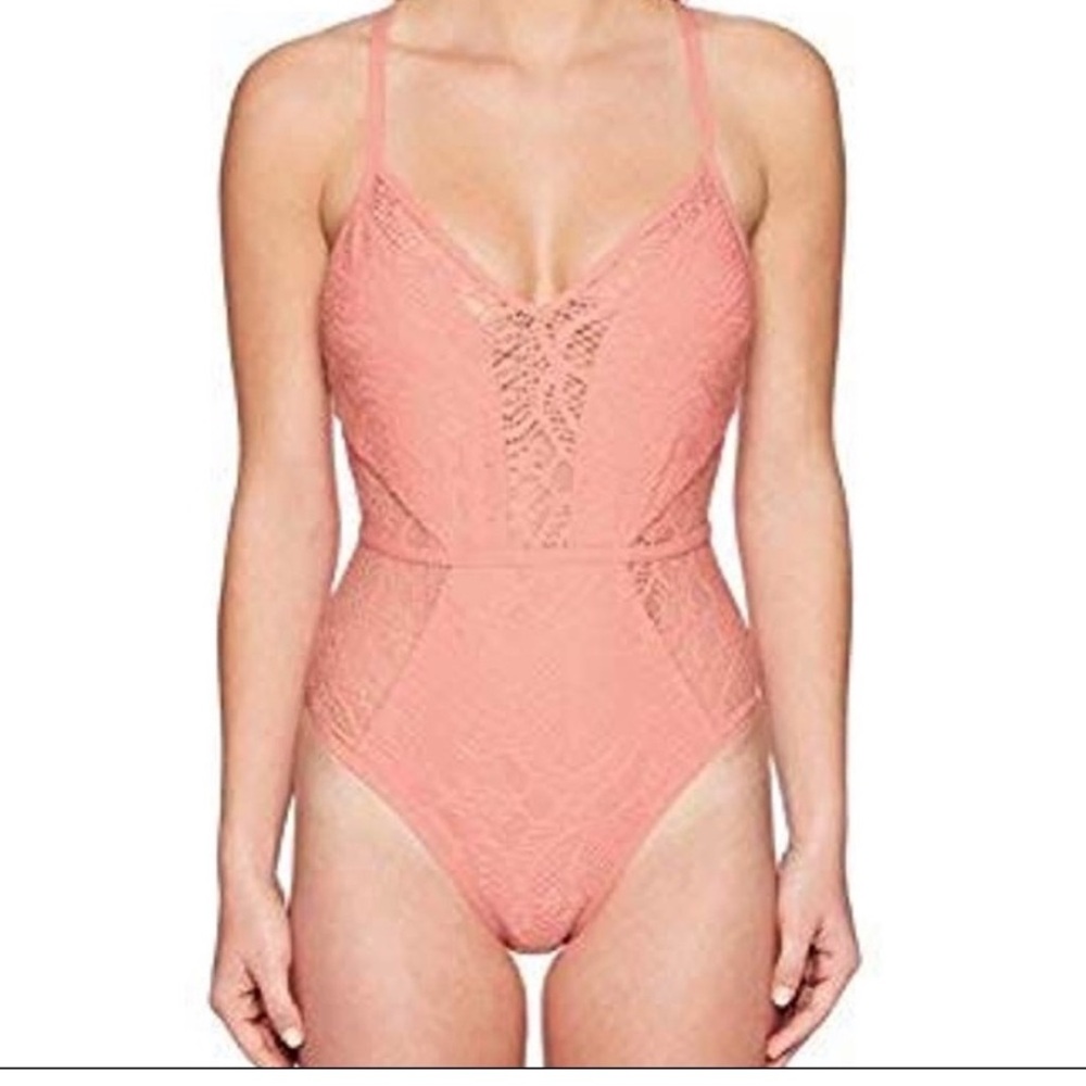 Reaction Kenneth Cole Coral V-Neck Crochet One Piece Swimsuit
